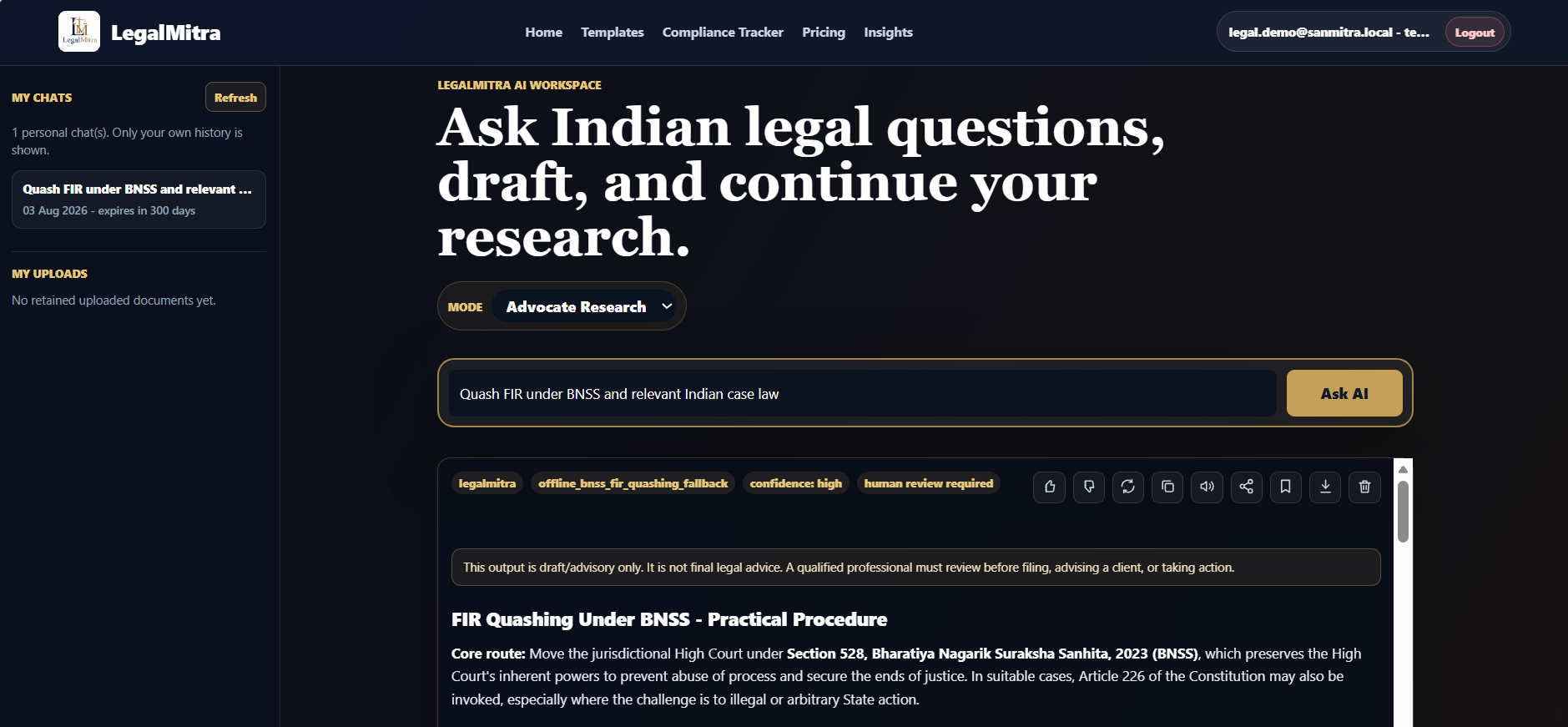 LegalMitra AI Research with citations and source dates