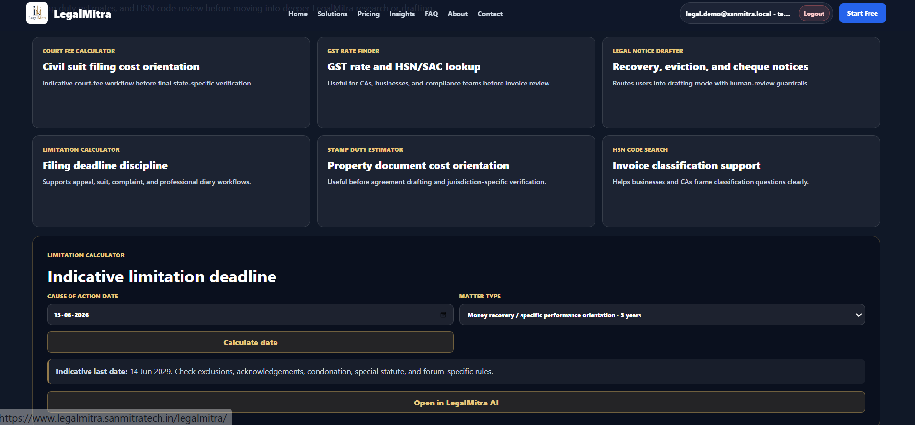 LegalMitra Legal Tools calculator with decision-support output