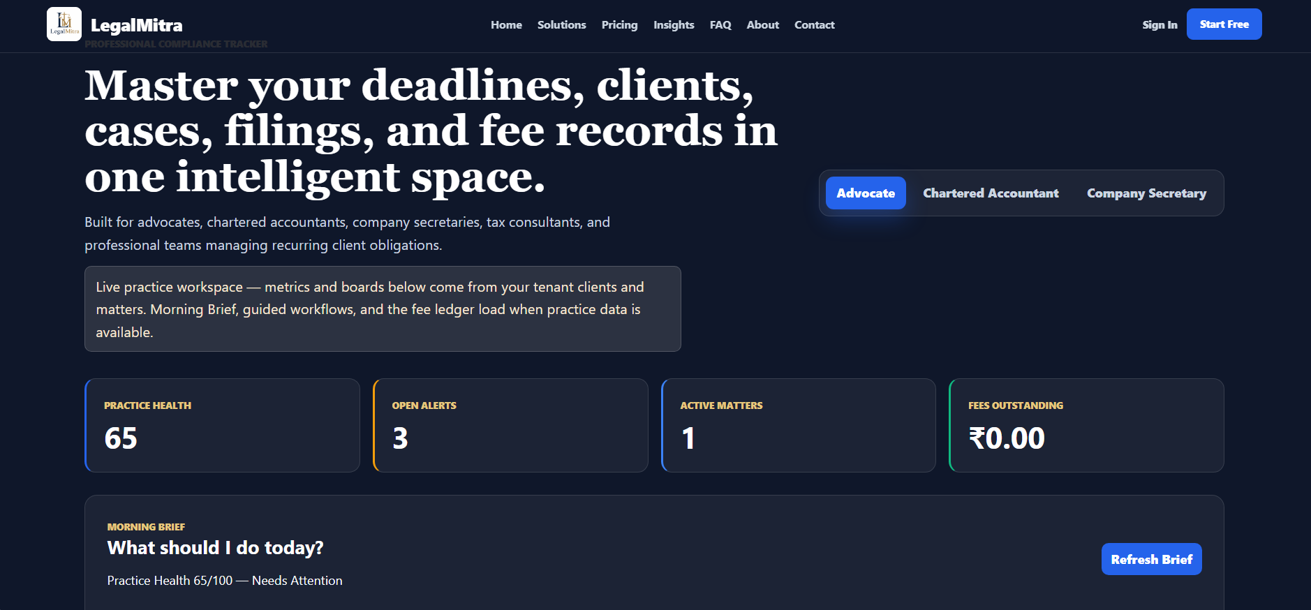 LegalMitra Compliance Tracker with matters and deadlines